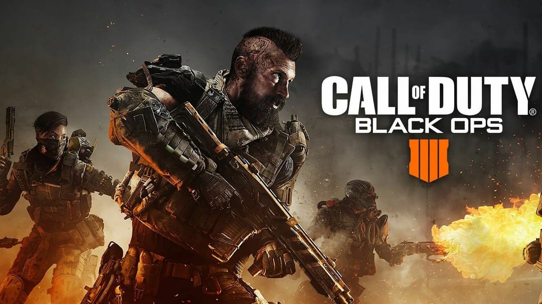 Ruin from Black Ops 4 holding a rifle in a smoky battlefield with fire and soldiers in the background.