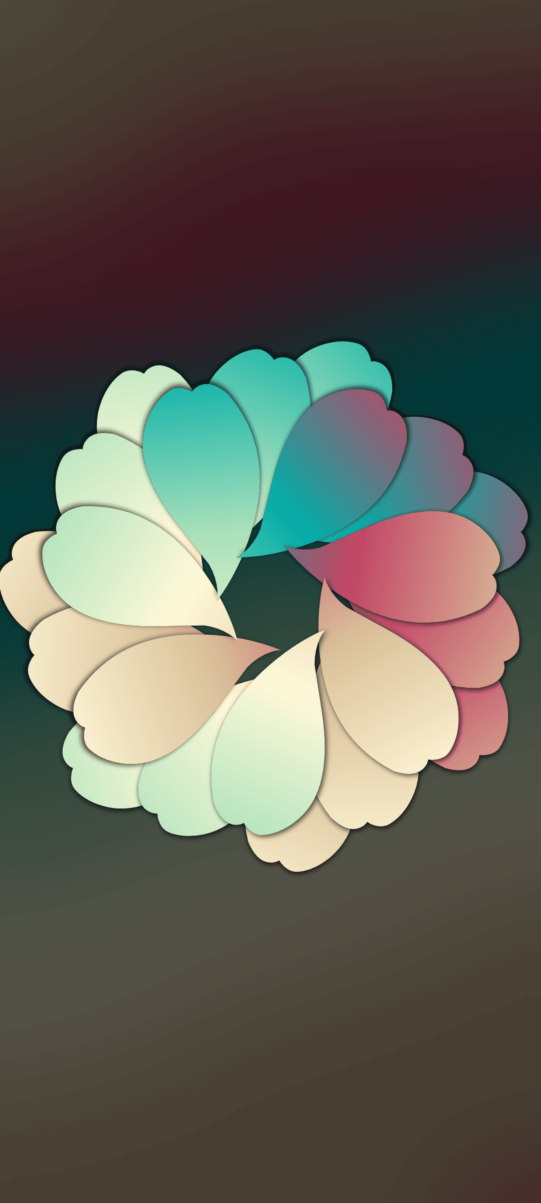 Luminous circular wreath composed of overlapping gradient petals in pink, purple, and blue over a dark backdrop.
