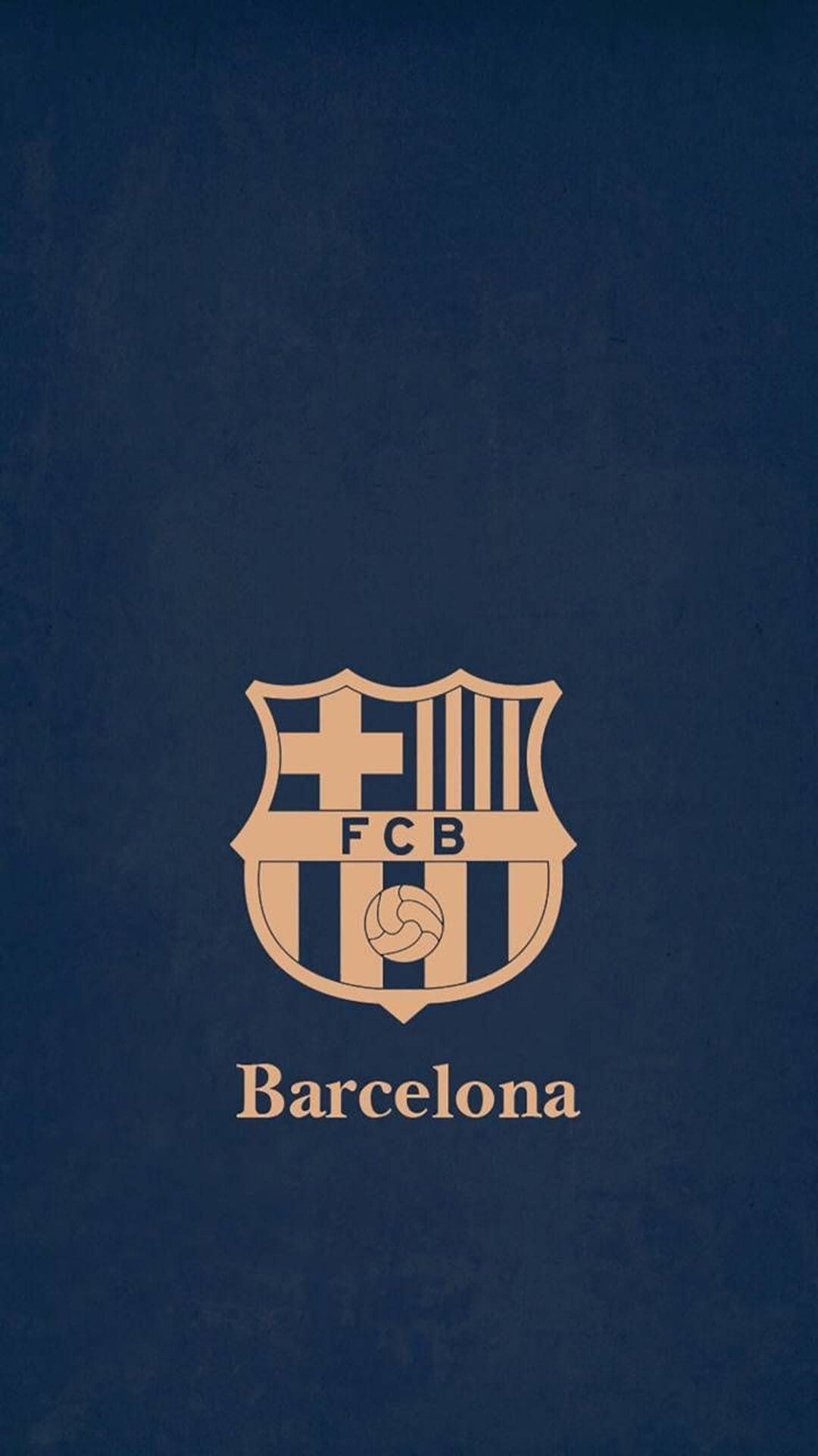Golden FC Barcelona crest with the St. George's Cross and Catalan stripes on a textured dark blue backdrop.