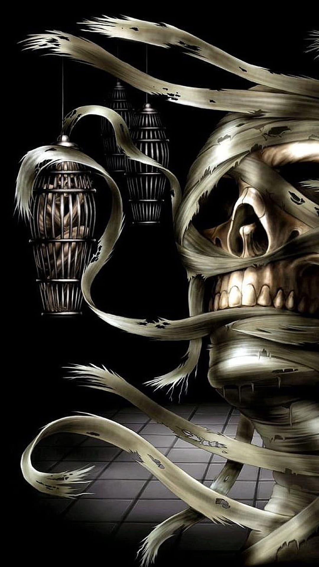 Mummy skull wrapped in bandages with a menacing grin and hanging lanterns in a dark, foggy horror setting.