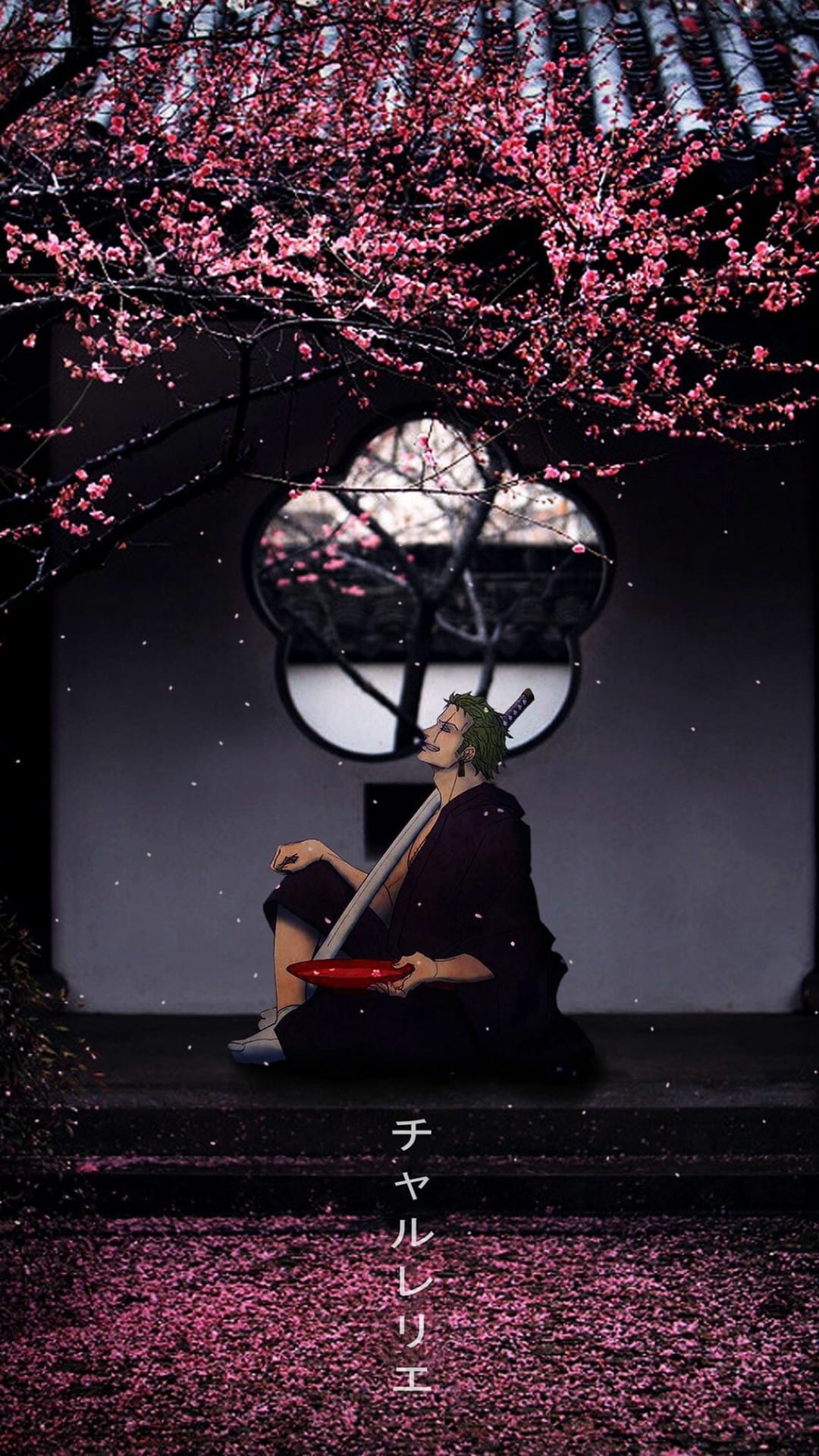 Roronoa Zoro rests in a zen garden with blooming cherry blossoms and petals scattered on the lush green grass.