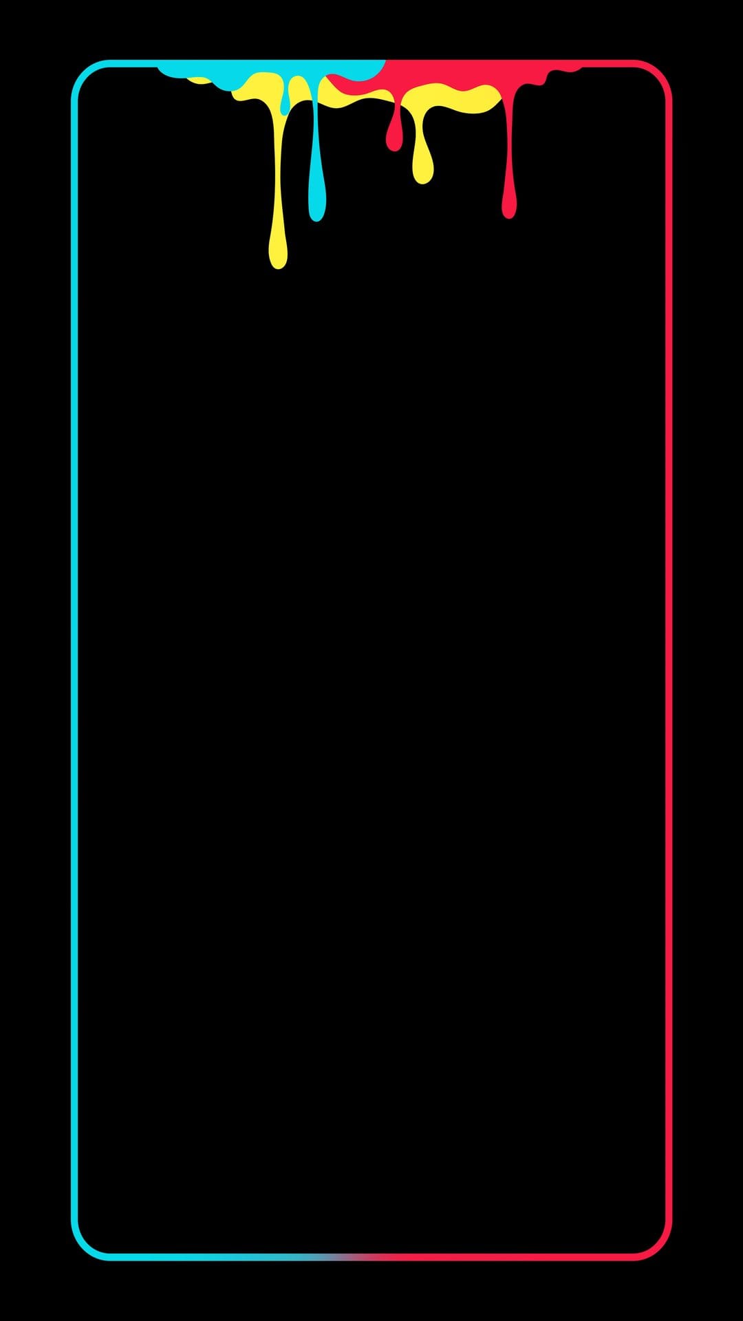 Luminous cyan and pink paint droplets cascade from a glowing upper border on a dark black phone screen backdrop.