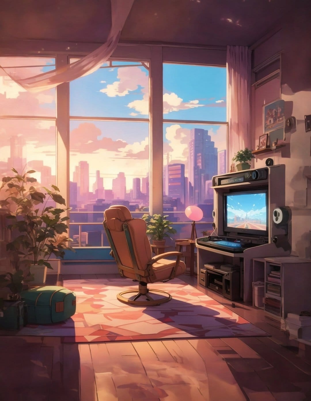 Retro arcade cabinet and gaming chair stand by a window overlooking a vibrant city skyline during sunset glow.