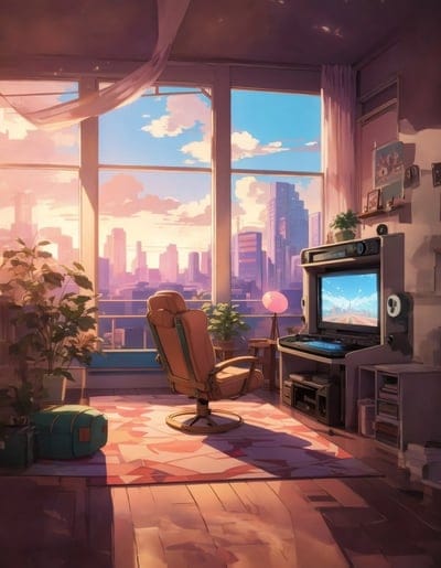 gaming room,chair,tv,window,sunset
