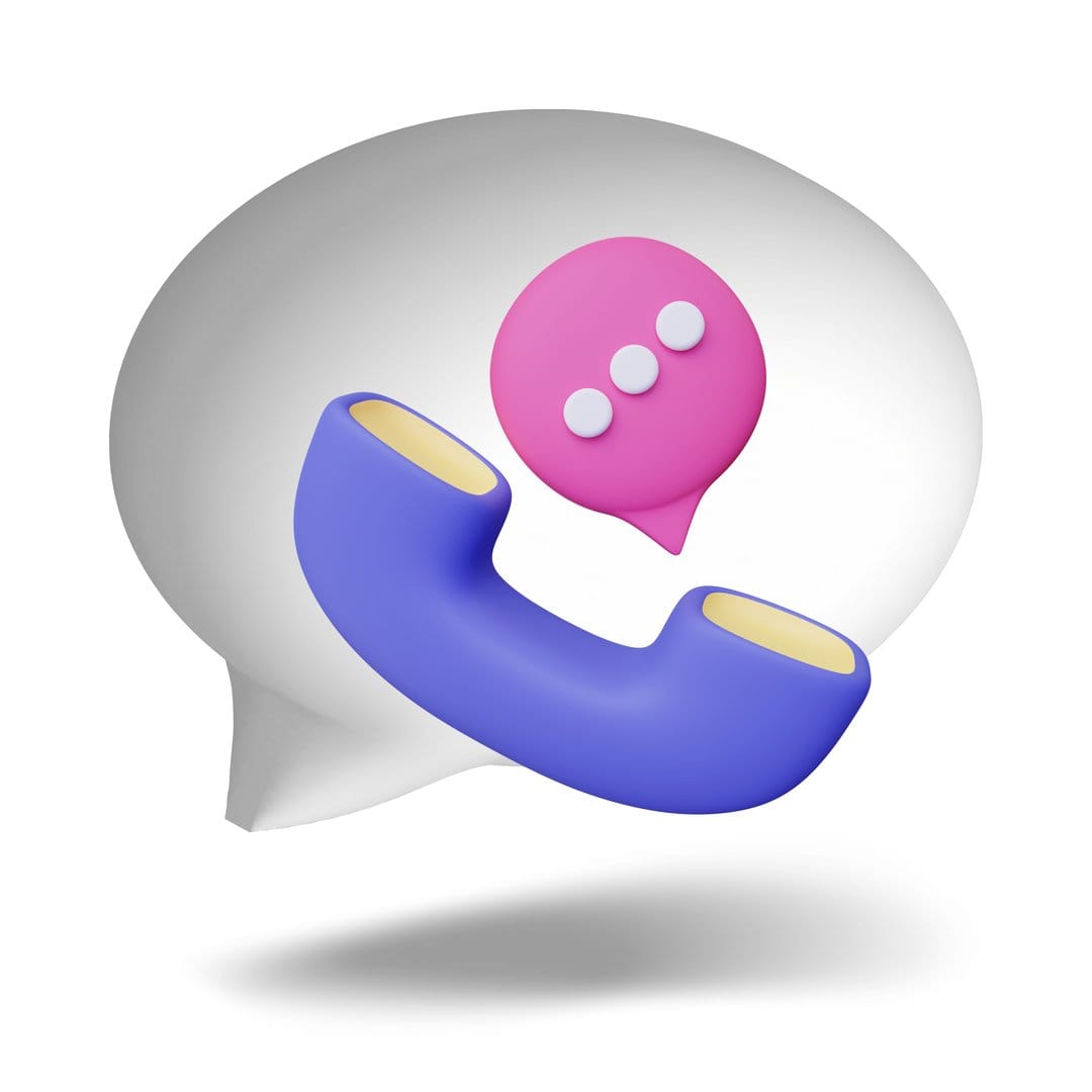 Blue telephone receiver inside a translucent speech bubble with a pink three-dot message icon floating above.
