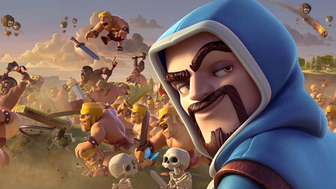 A smirking Wizard in a blue hood stands before a charging army of Barbarians and Hog Riders at sunset.