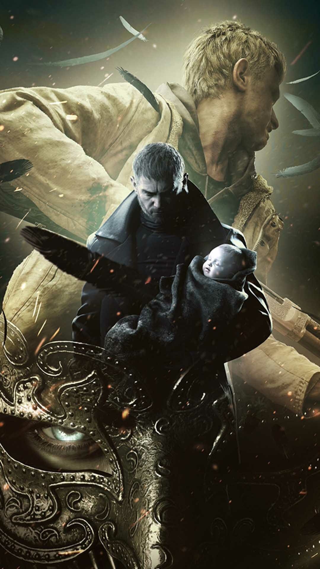 Chris Redfield holds a baby in front of Ethan Winters and a large ornate bronze mask with feathers and embers.