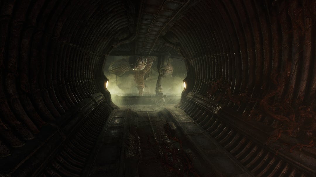 Fleshy rib-like organic tunnel leading to a misty chamber with a tall biomechanical pillar and eerie light.