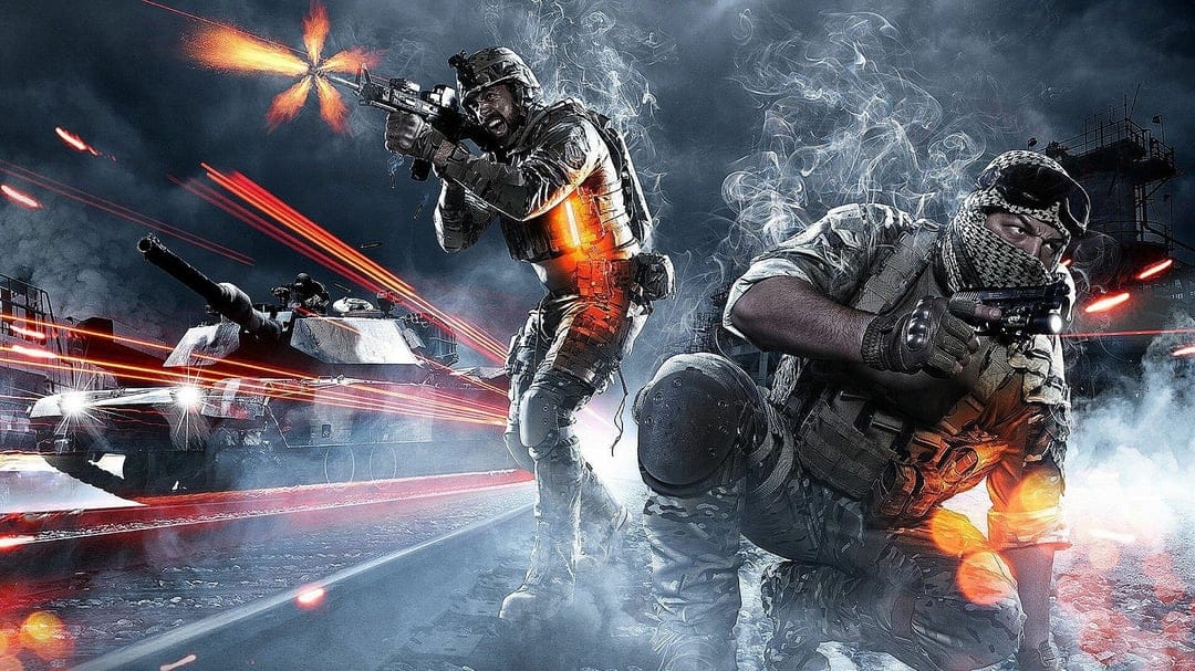 Two soldiers in tactical gear engage in combat next to a tank with fiery muzzle flashes and smoke.