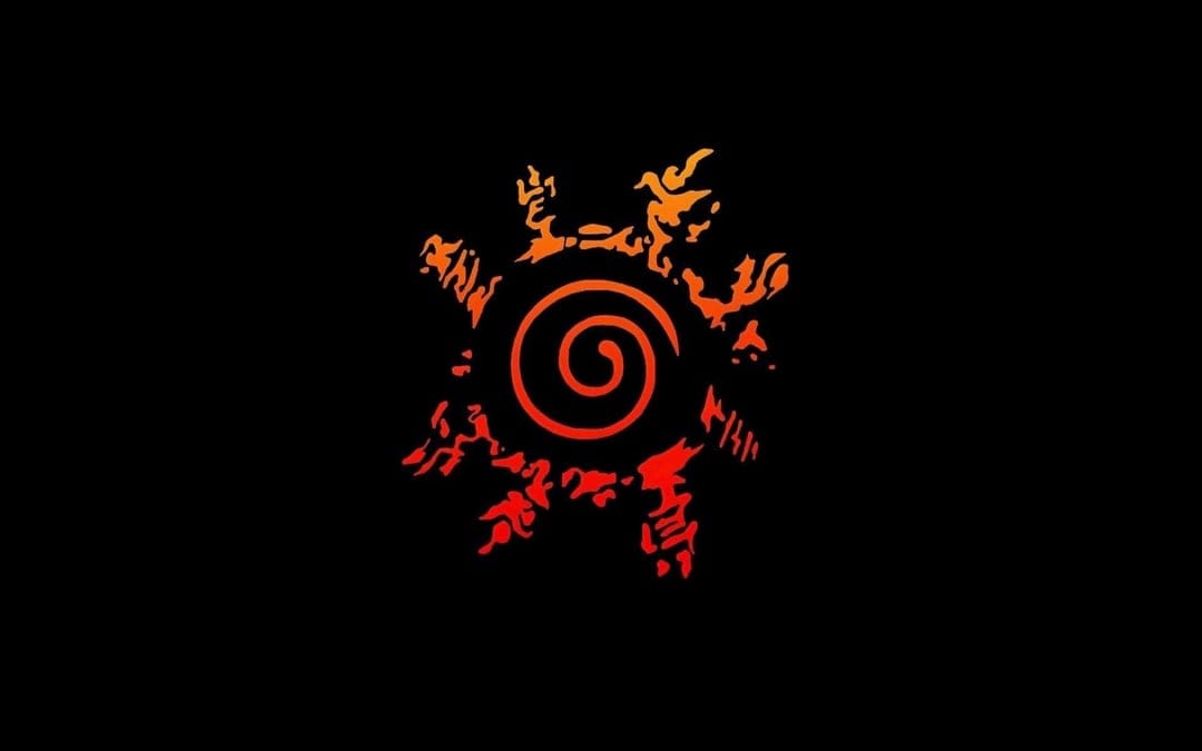 Naruto's Six Paths Seal glows in red and orange against a black background with a central spiral and markings.