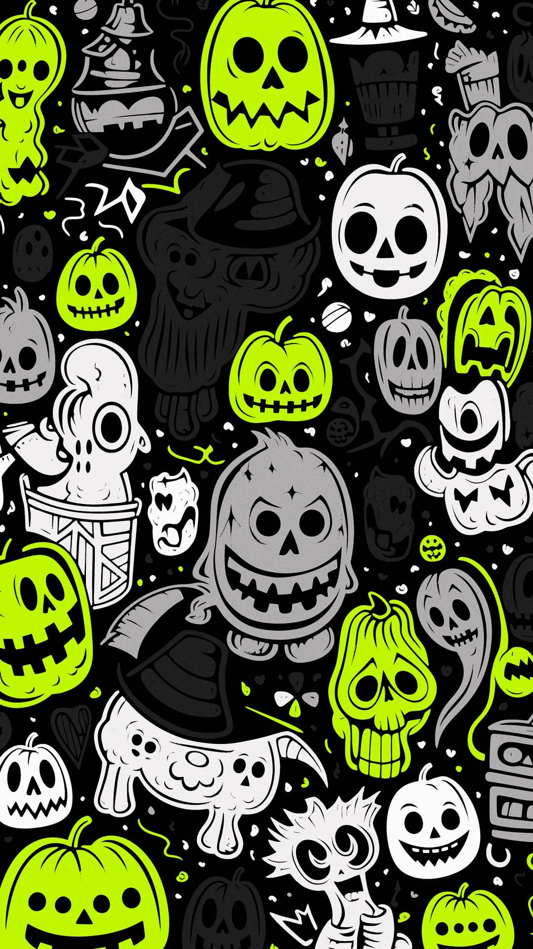 Grinning neon pumpkins, skeletons, and ghosts repeat in a seamless dark pattern on a vertical screen.