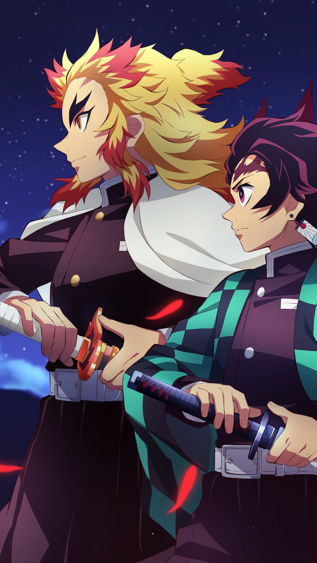 Kyojuro Rengoku and Tanjiro Kamado grip katanas beneath a starry night sky with falling crimson autumn leaves.