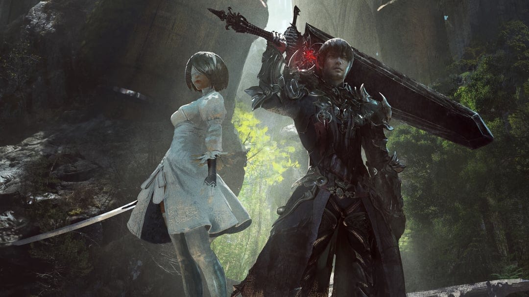 Dark knight with a giant sword and a woman in a white dress stand in a sunlit, rocky forest landscape.