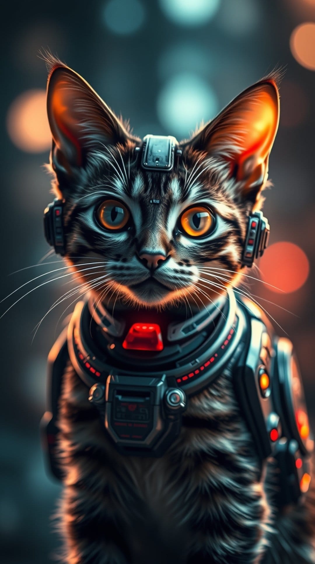 Tabby cat in metallic cyberpunk armor with glowing red lights and orange eyes against blurred neon city lights.