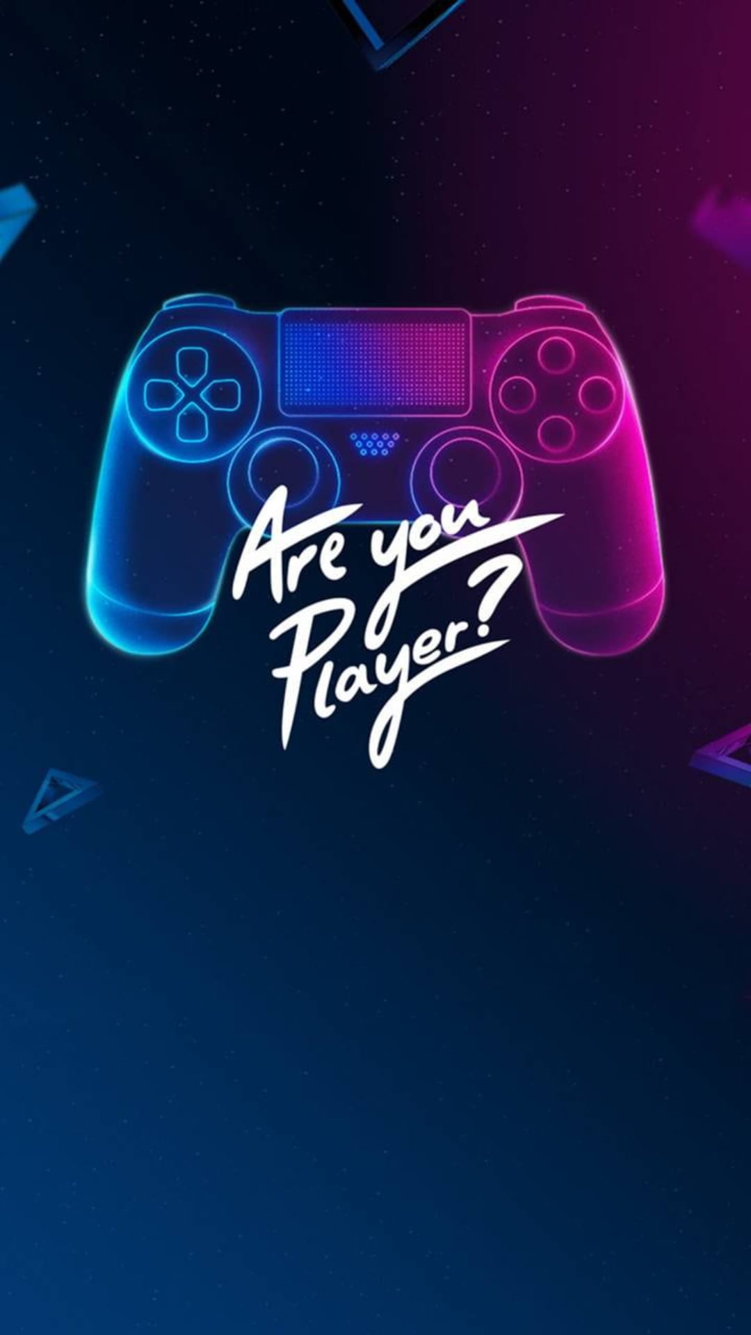 Gaming controller glowing in electric blue and pink neon with Are You Player text against a dark starry sky.