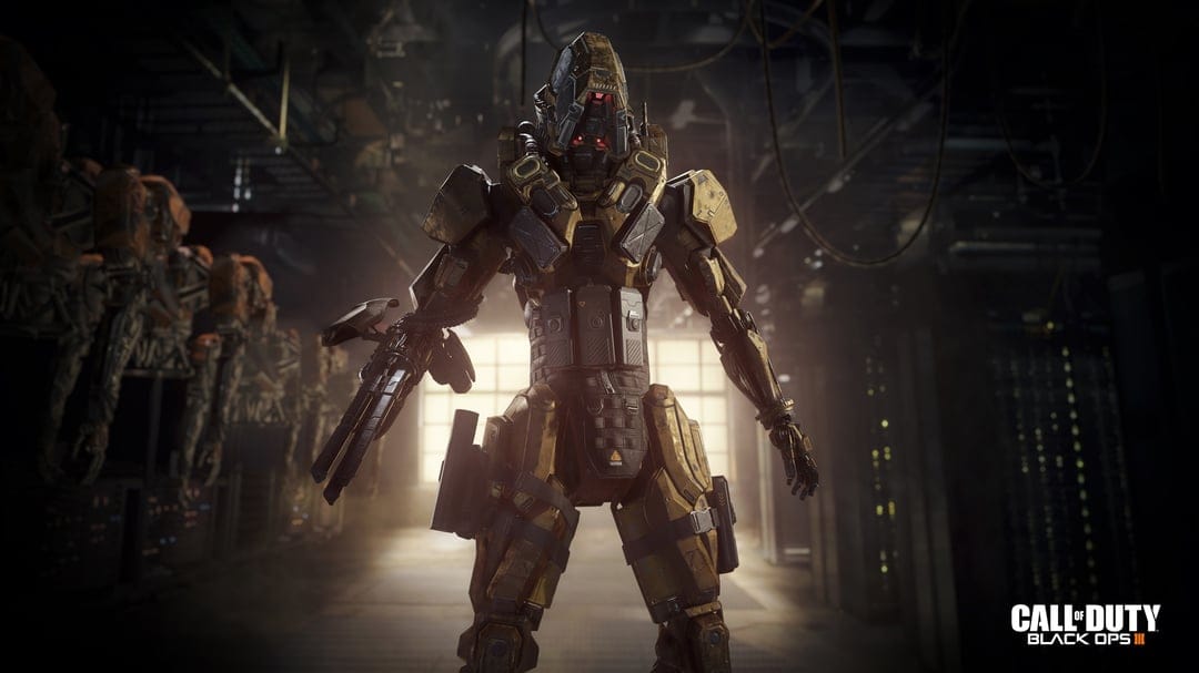 Armored soldiers engaged in futuristic urban combat featuring smoke effects and cinematic lighting highlights.