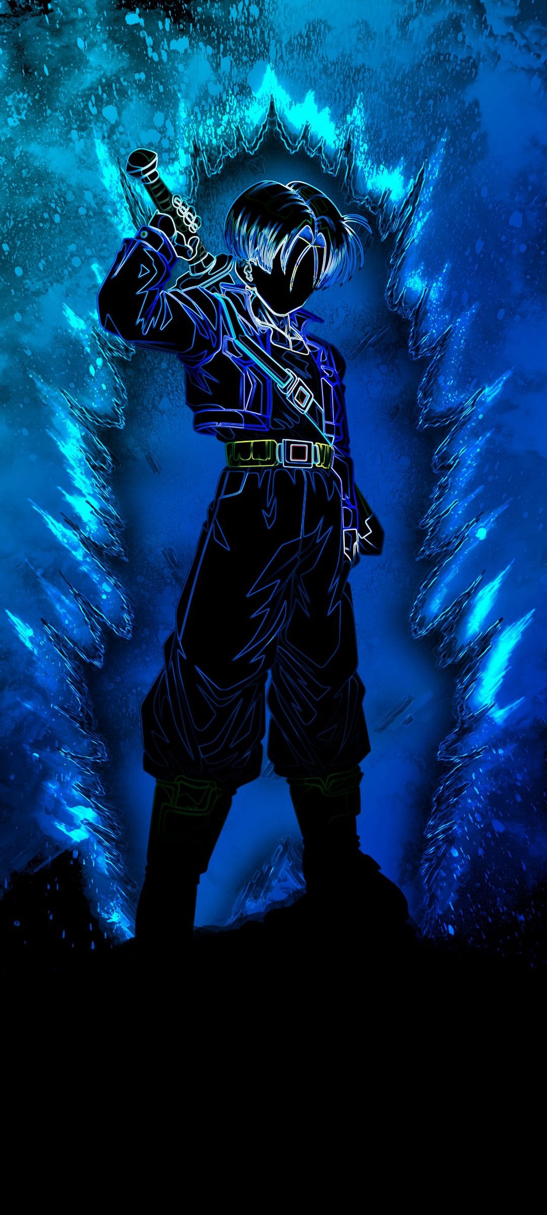 Future Trunks silhouette with glowing blue outlines holds a sword amidst jagged icy energy and dark blue swirls.