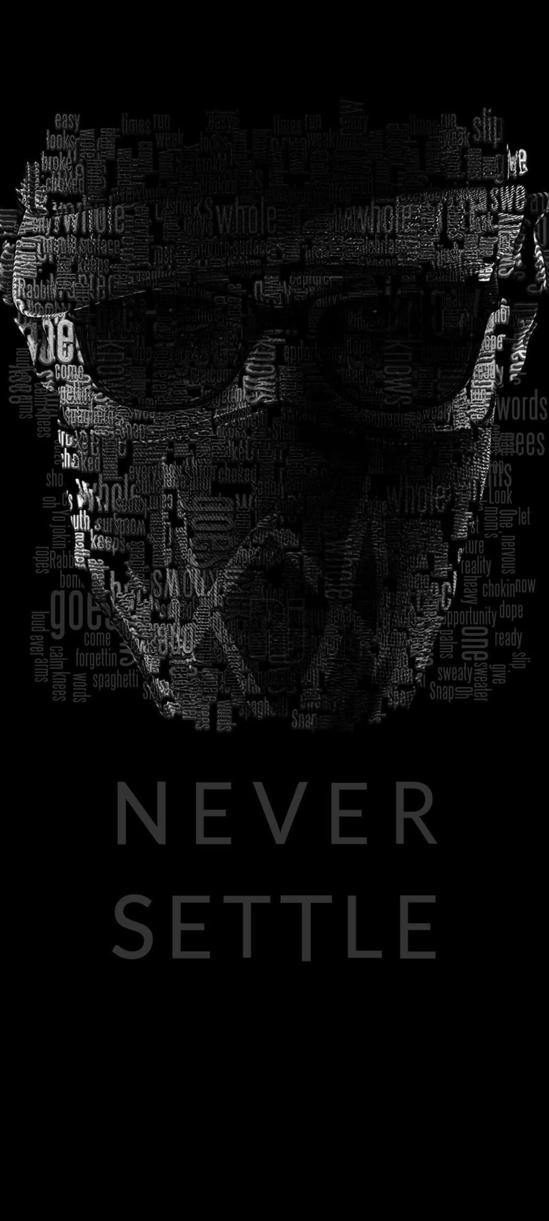 Human skull silhouette constructed from small grey words and phrases over a solid pitch-black background.
