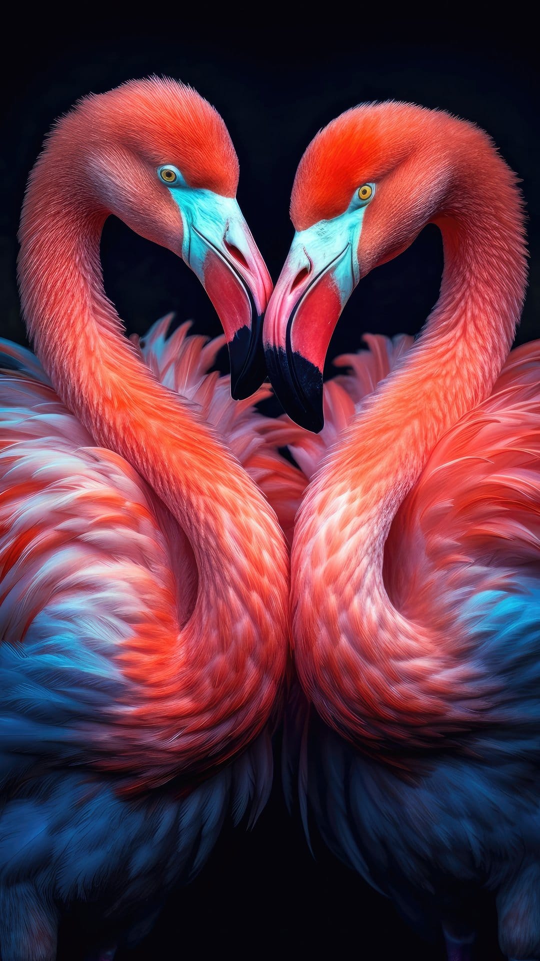 Two pink flamingos with intertwined necks forming a heart shape against a dark, minimalist black background.