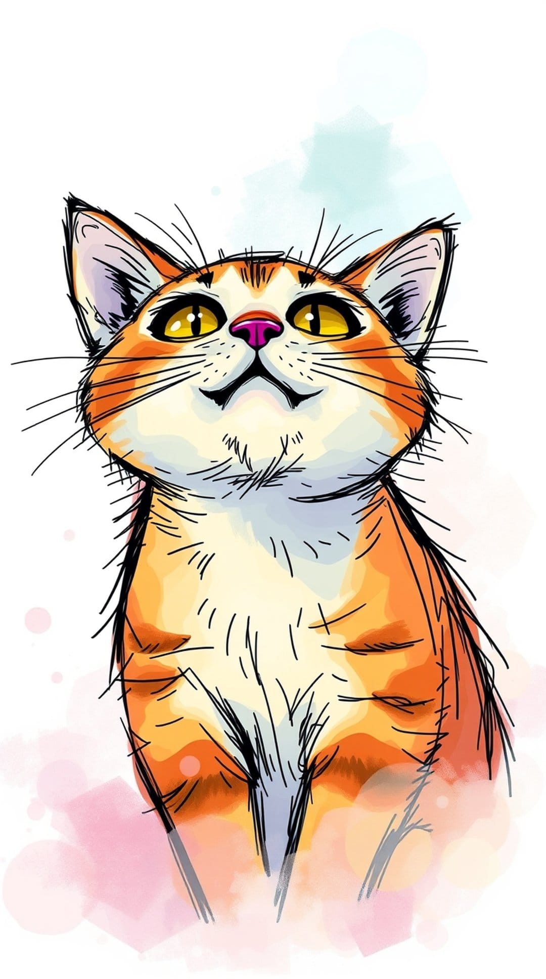 Orange tabby cat with yellow eyes looking up, featuring pink and blue paint splashes on a white background.