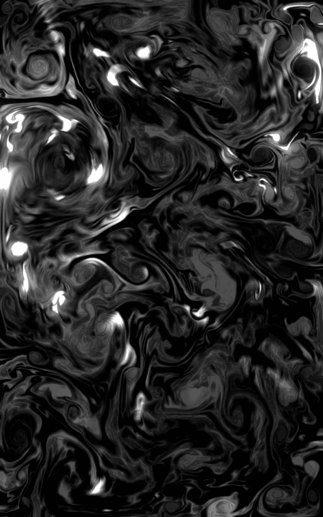 Black and white ink swirls form complex fluid patterns and turbulent vortices in a vertical composition.