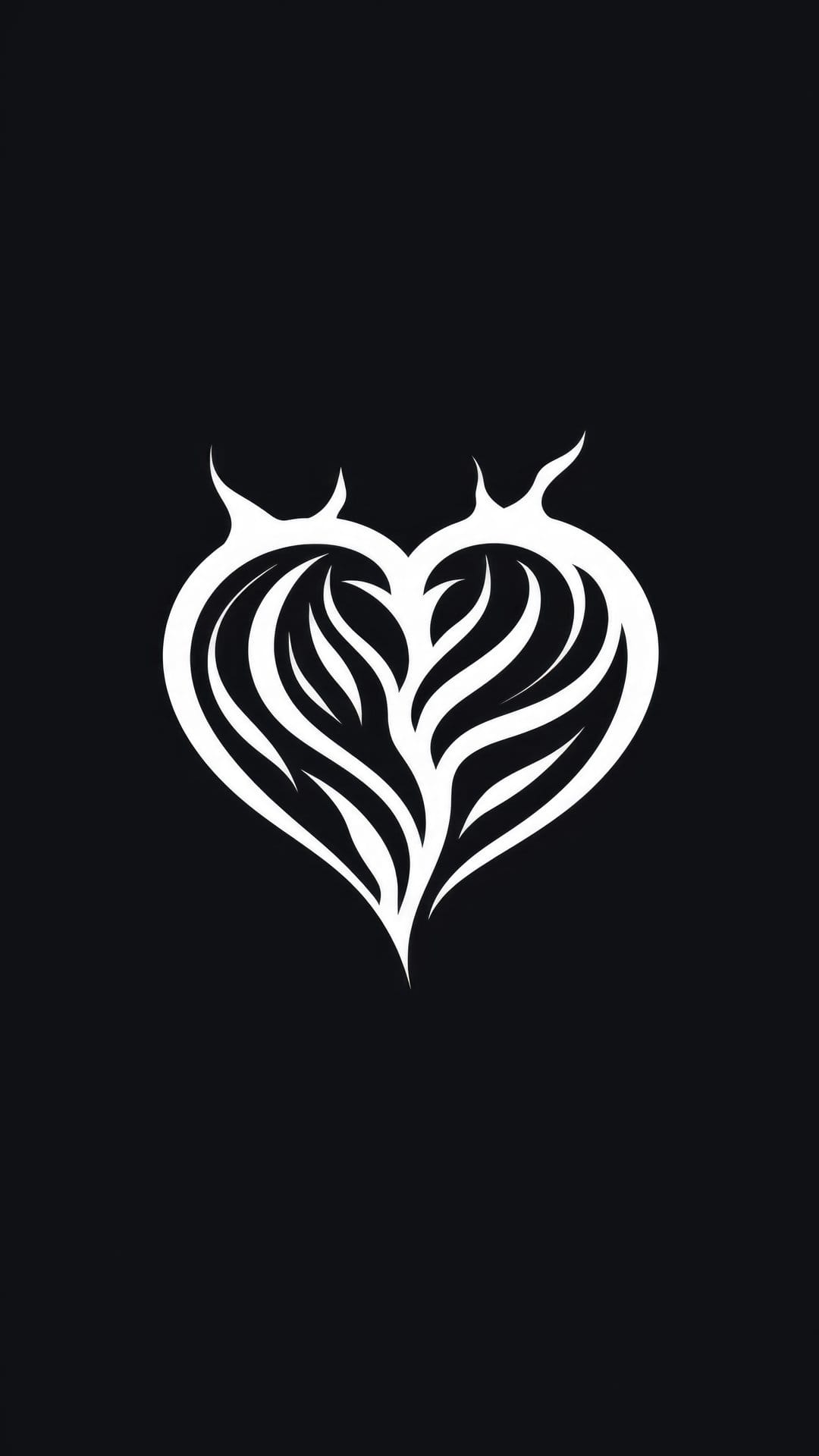 White tribal heart with sharp stylized flame patterns and symmetrical curves centered on a solid black background.