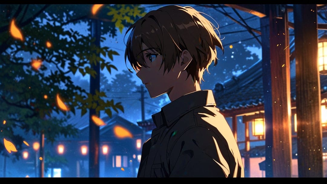 Young man in profile stands before glowing paper lanterns and traditional Japanese buildings at night with leaves.