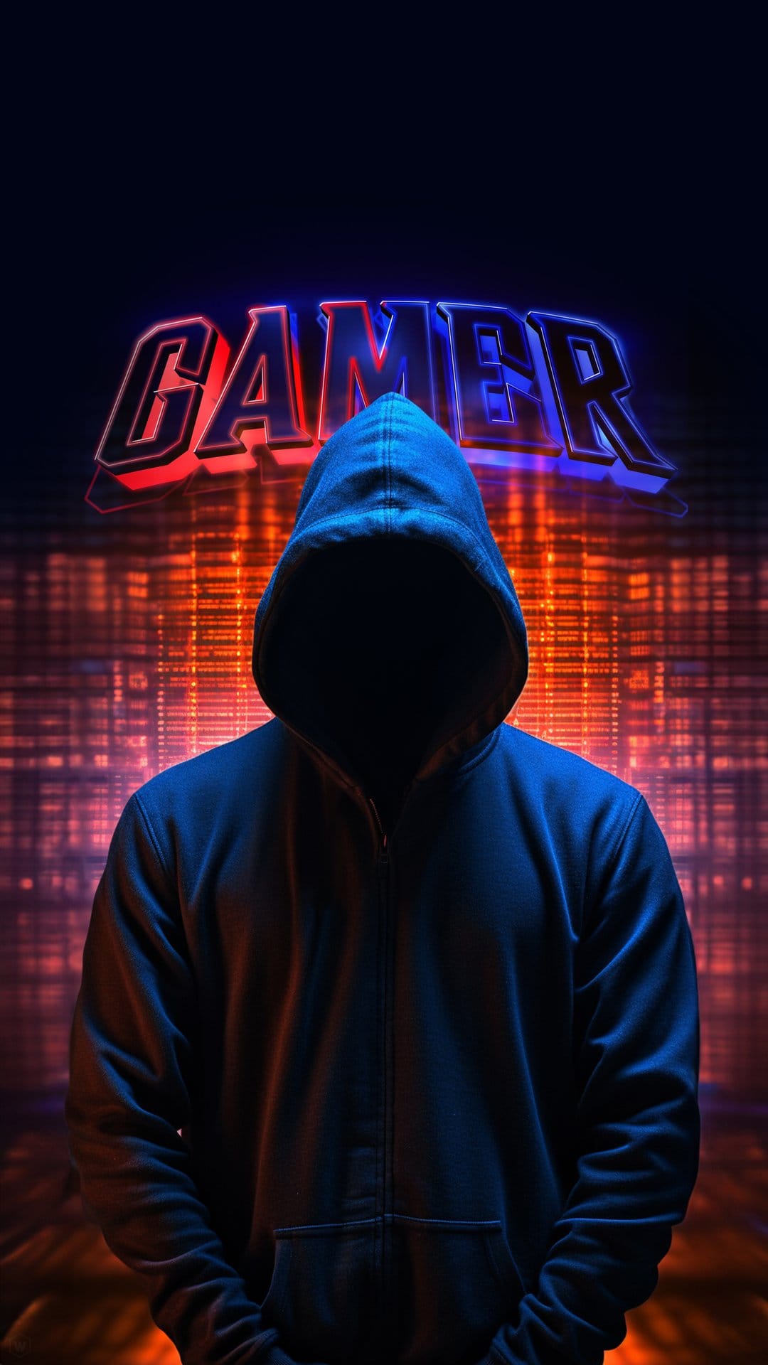Hooded person in a dark blue sweatshirt stands before a glowing orange neon gamer sign and pixelated cityscape.