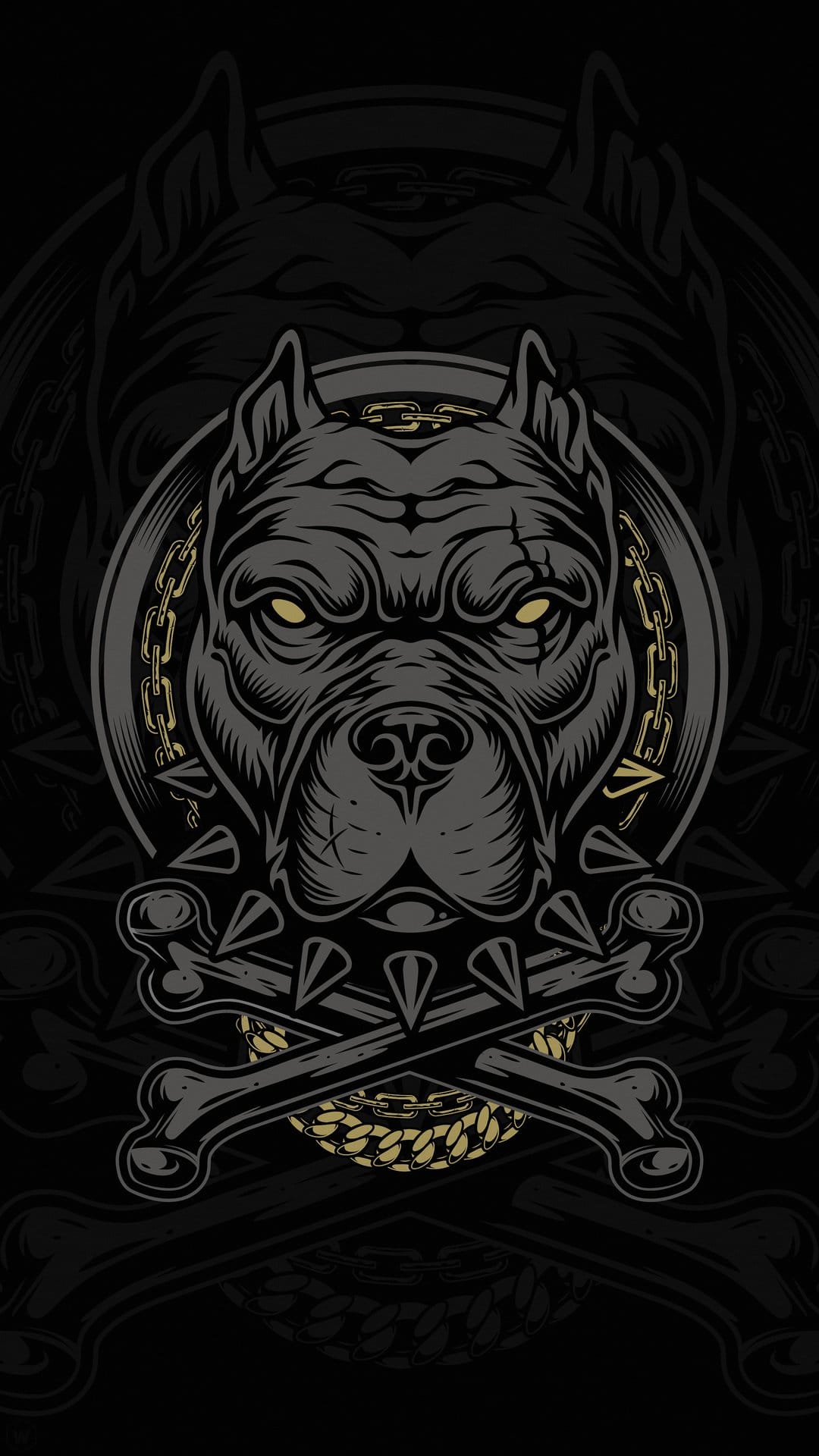 Pitbull head with glowing yellow eyes, a spiked collar, gold chains, and crossed bones against a dark background.