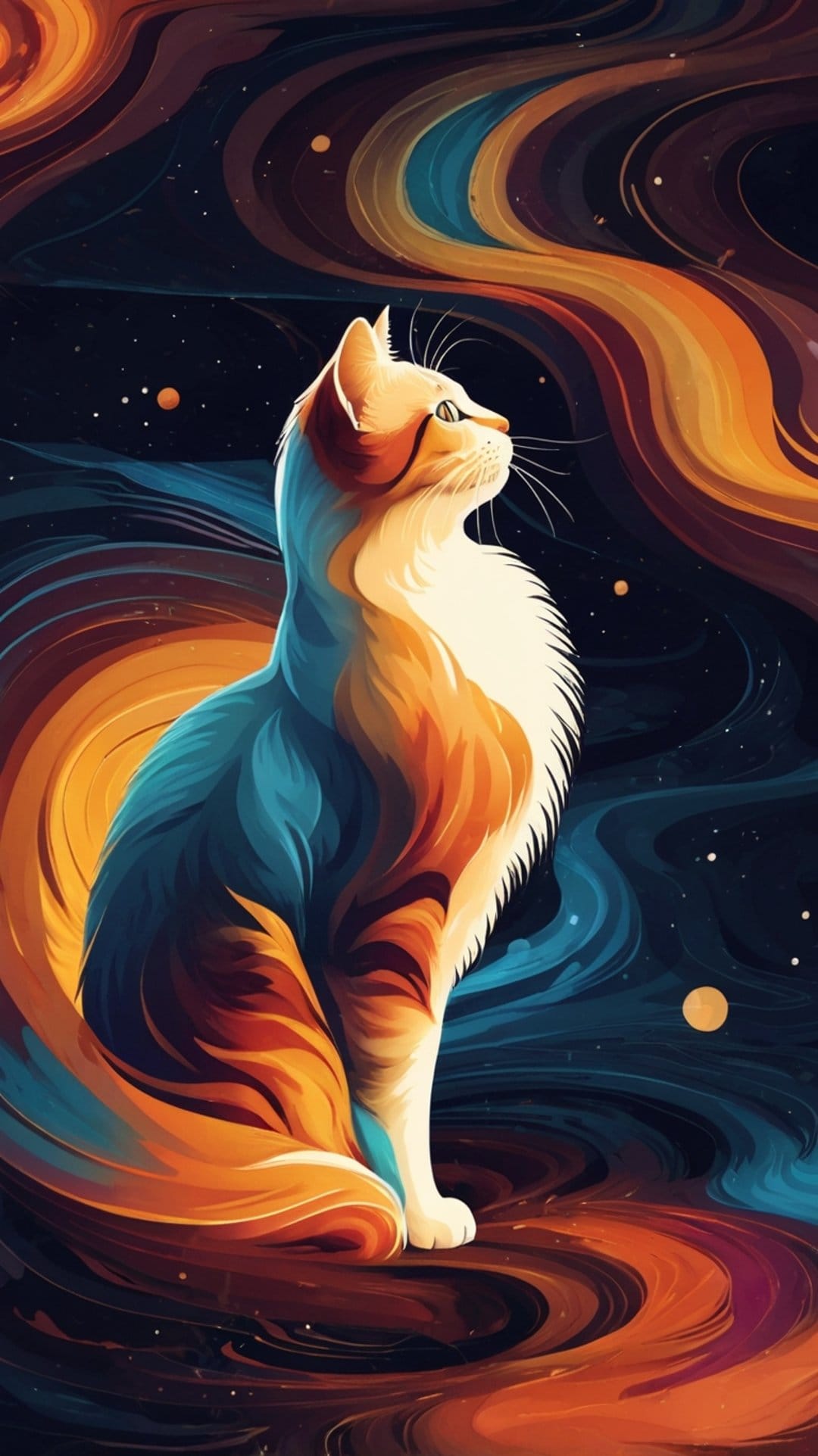 Orange and white cat silhouette staring at a vibrant blue and amber swirling galaxy filled with stardust.