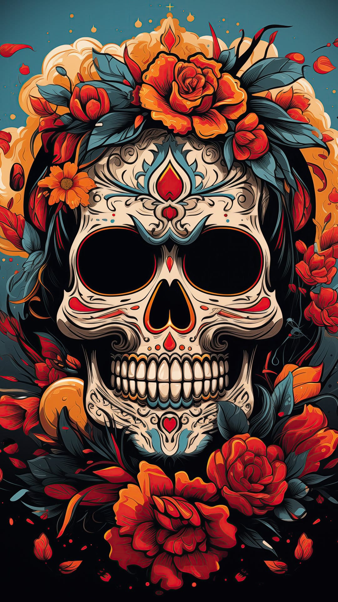 Sugar skull decorated with pink roses and orange marigolds featuring intricate floral and geometric patterns.