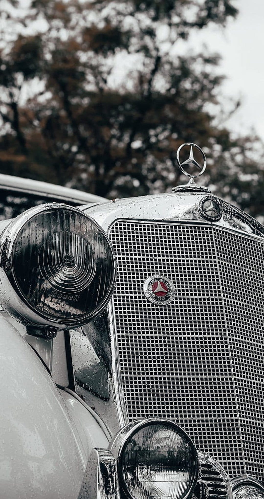 Mercedes-Benz three-pointed star hood ornament and glass headlight glistening with raindrops on a chrome grille.