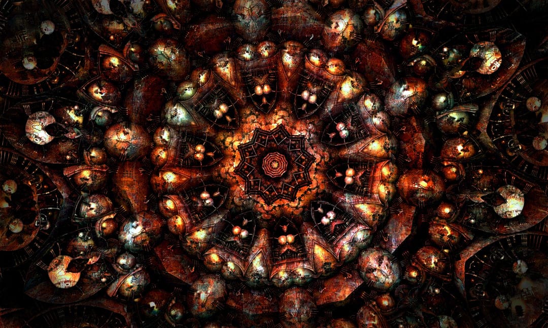 Golden clockwork gears and circular fractal patterns glow with intense orange and red embers in a dark void.