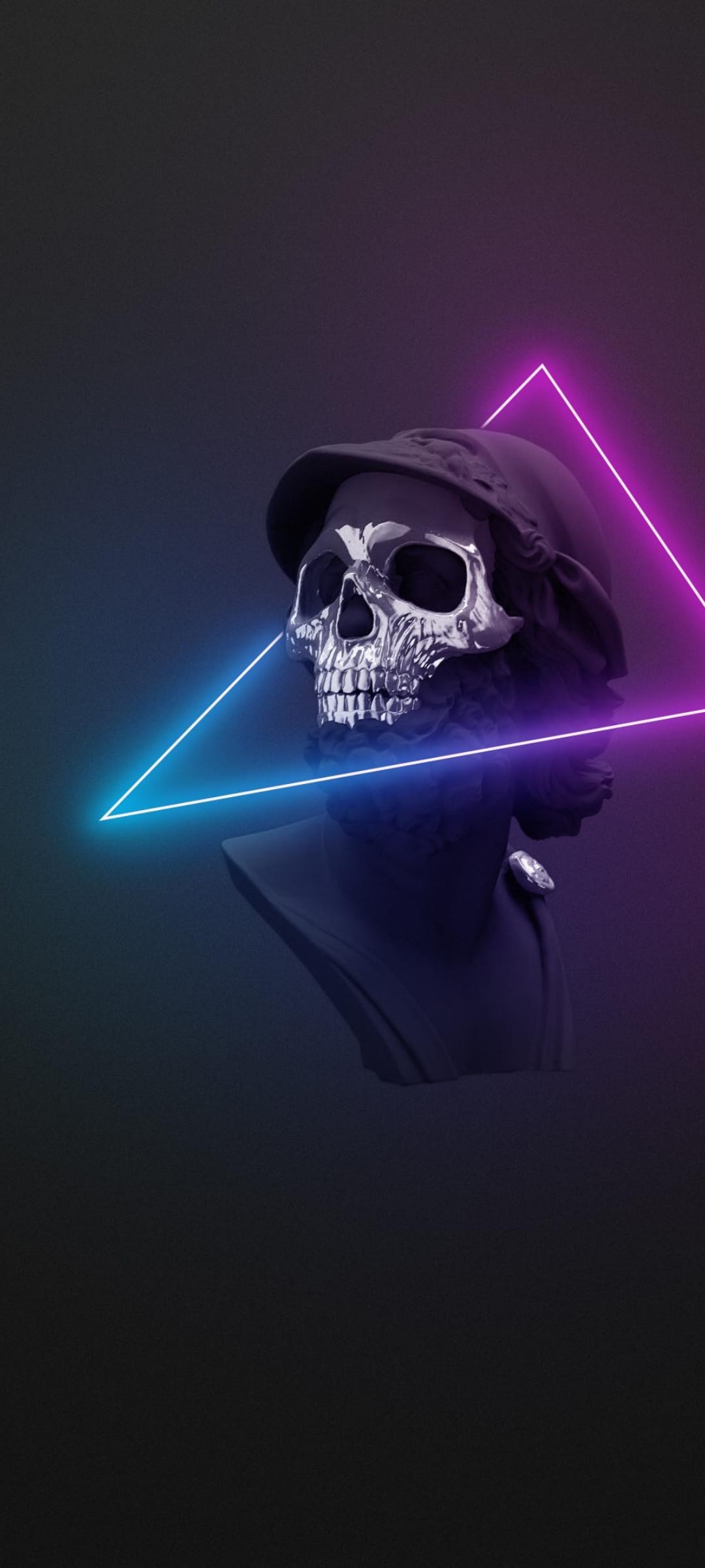 Metallic skull wearing a cap rests on a pedestal inside glowing pink and blue neon triangles on a dark backdrop.
