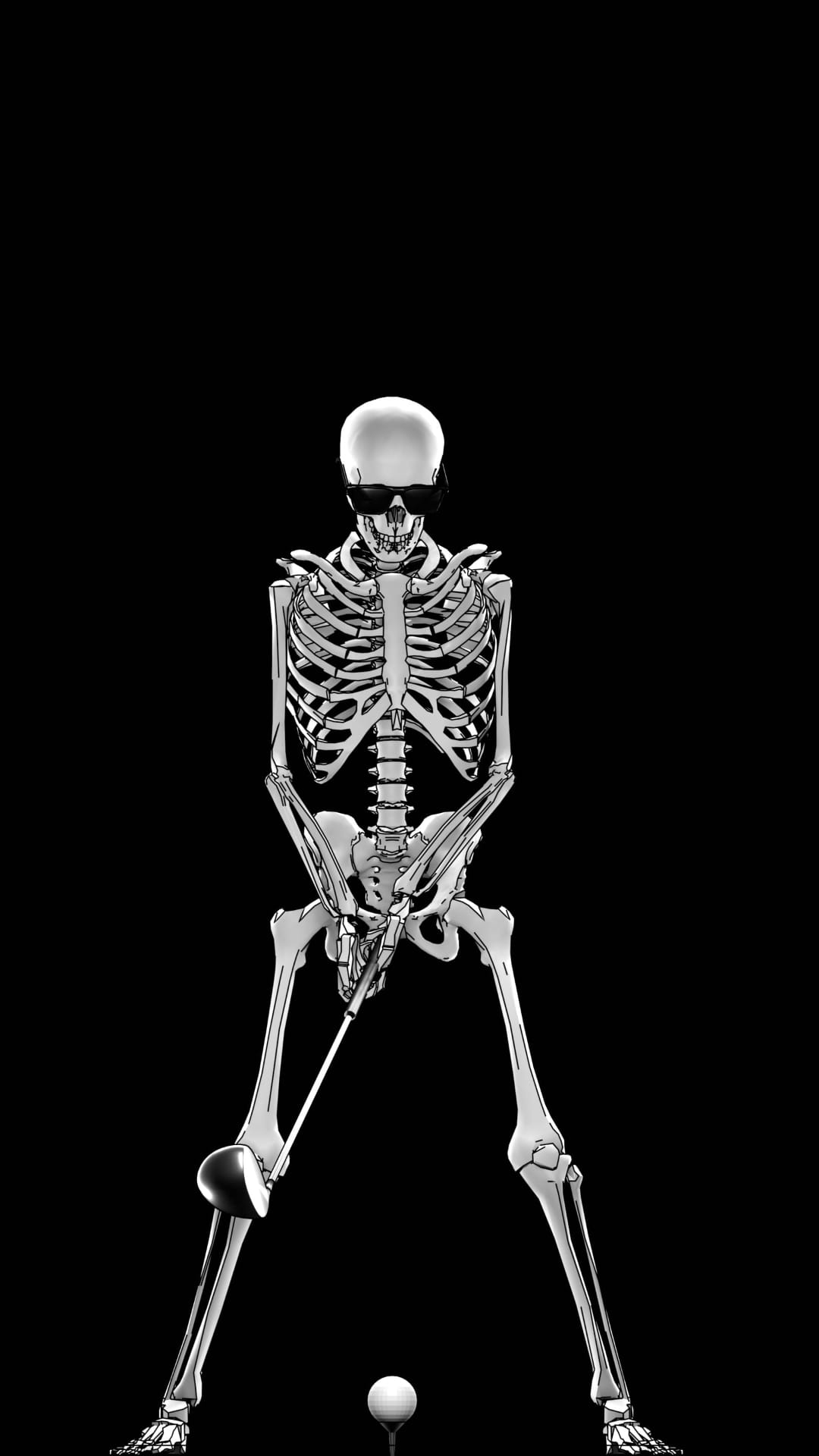 Skeleton wearing sunglasses grips a golf club and prepares to hit a ball on a tee against a black background.