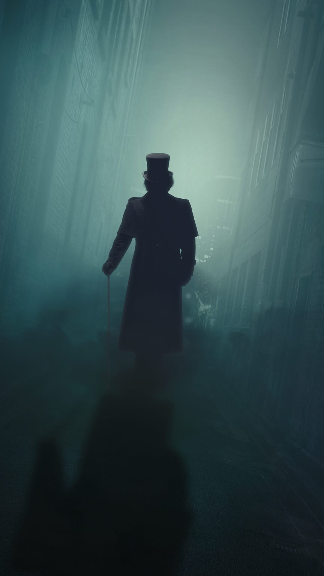 Shadowy man in a top hat and long coat stands in dense white fog on a narrow, dark cobblestone city pathway.