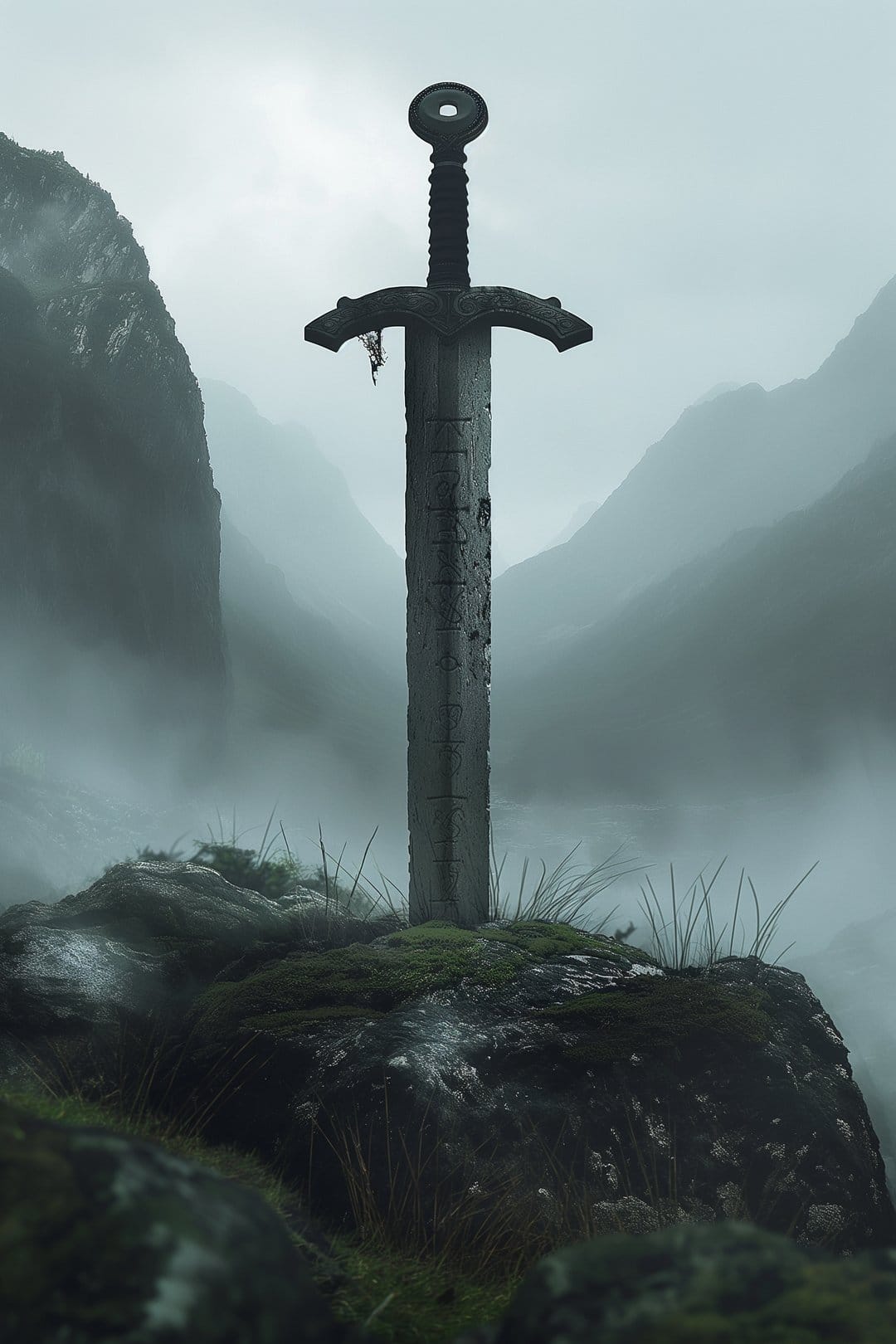 Weathered steel sword embedded in a mossy rock overlooking a foggy mountain valley under dramatic morning light.