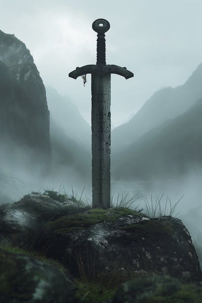 sword,stone,fog,mountains
