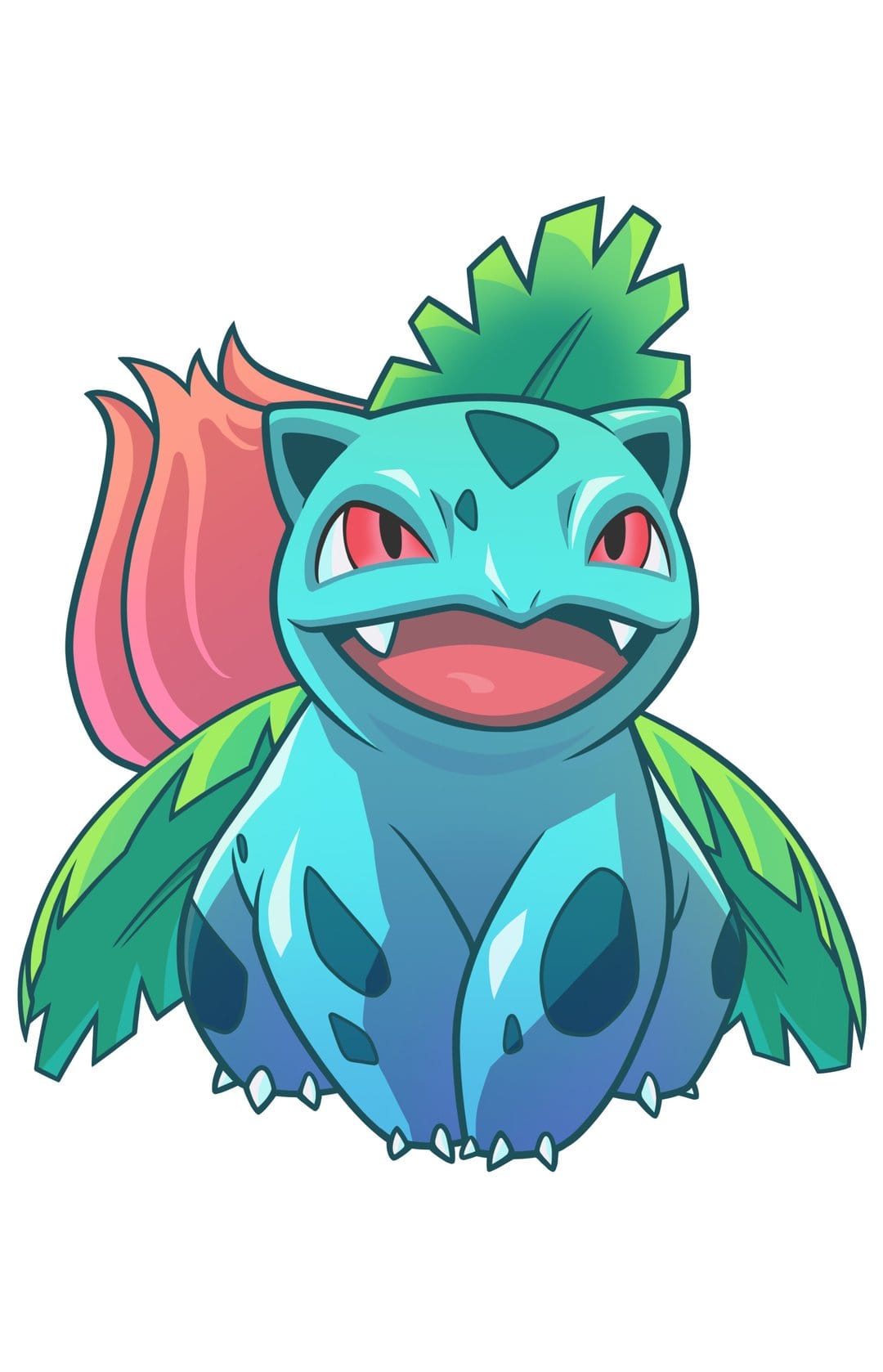 Teal Bulbasaur with red eyes and a pink flower on its back, sitting against a white background in fan art style.