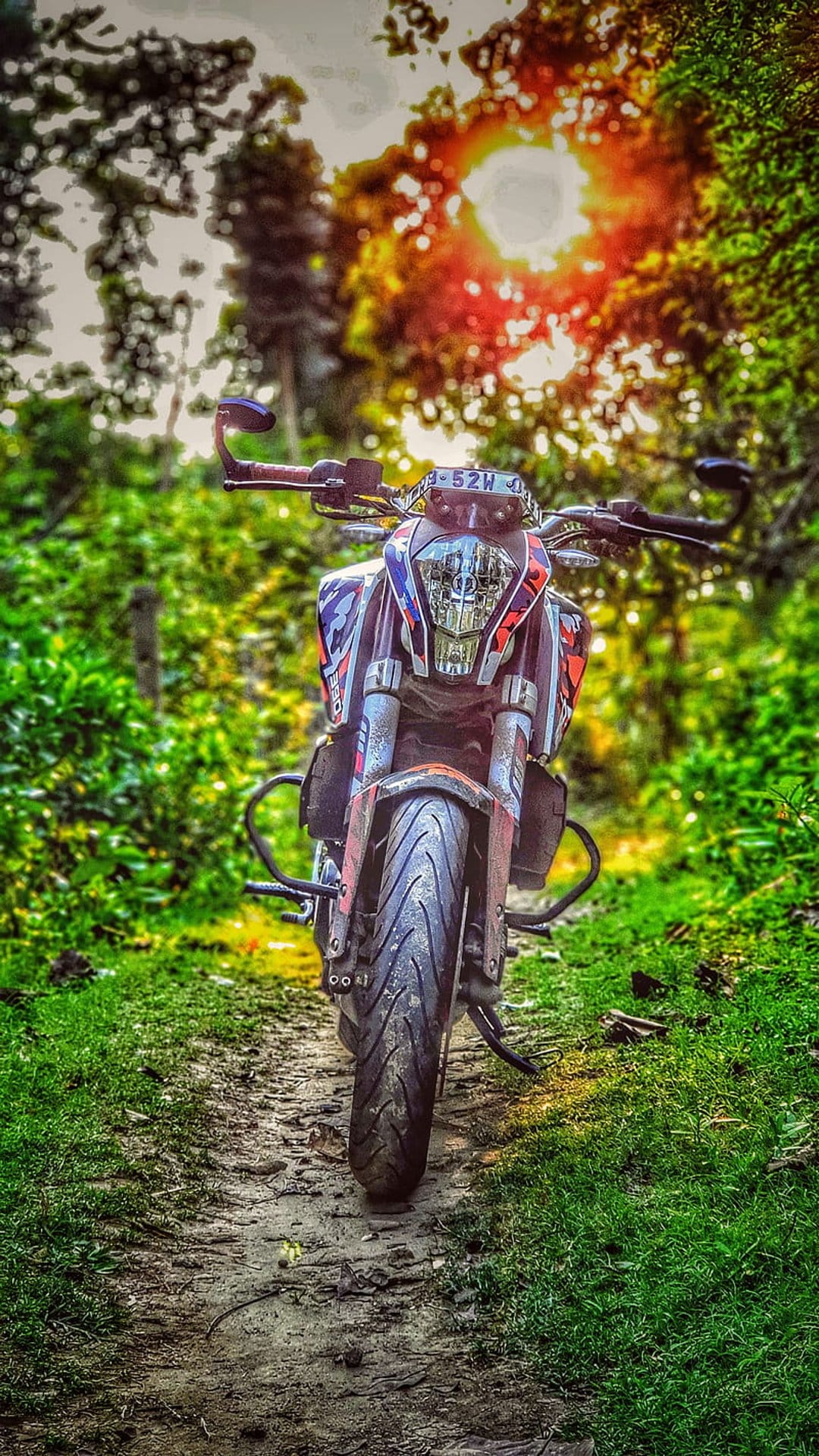 KTM Duke motorcycle on a dirt path in a green forest with golden sunset light filtering through the trees.