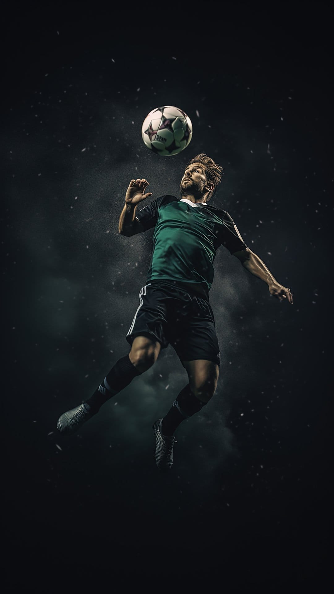 Male soccer player jumping to head a ball against a misty dark background with glowing light particles.