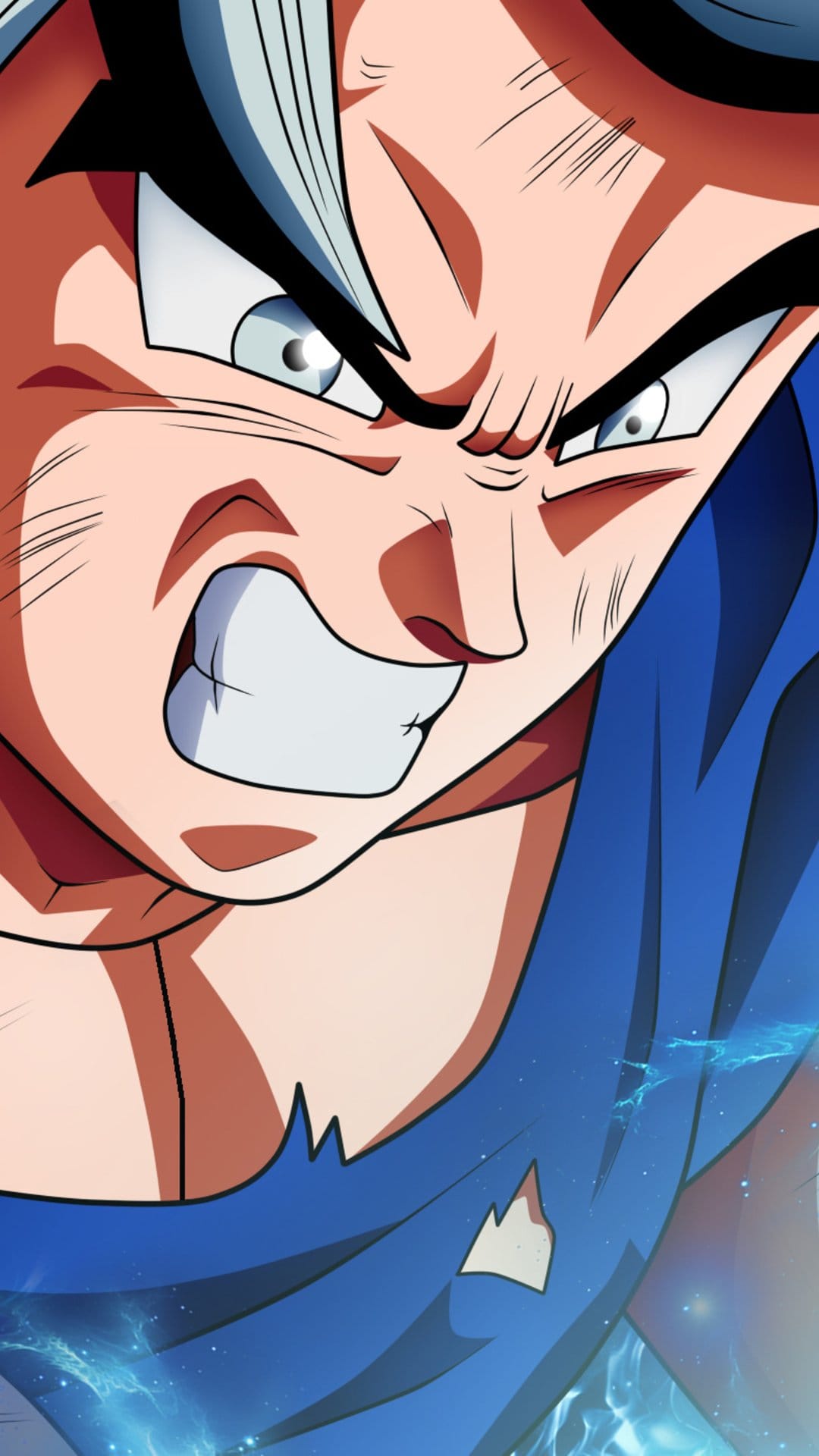 Goku grits his teeth with a fierce expression, featuring glowing silver hair and a vibrant blue energy aura.