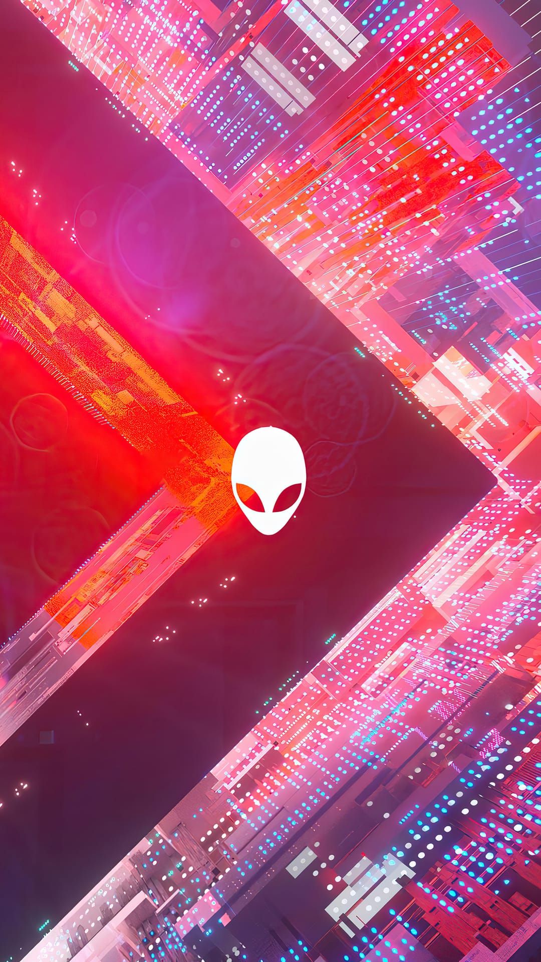 White Alienware head logo centered among glowing red and purple digital energy lines in a dark tech space.
