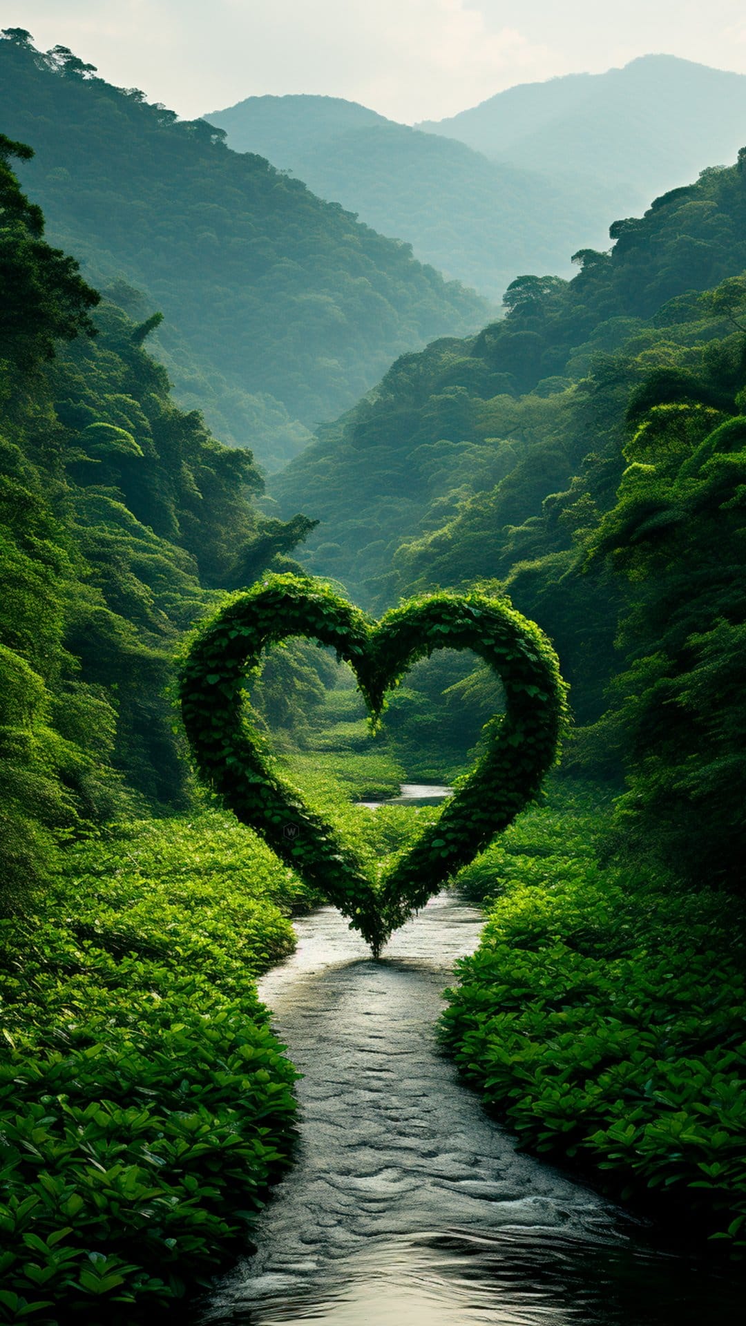 Heart-shaped greenery archway framing a calm blue river flowing through misty hills and a verdant mountain valley.