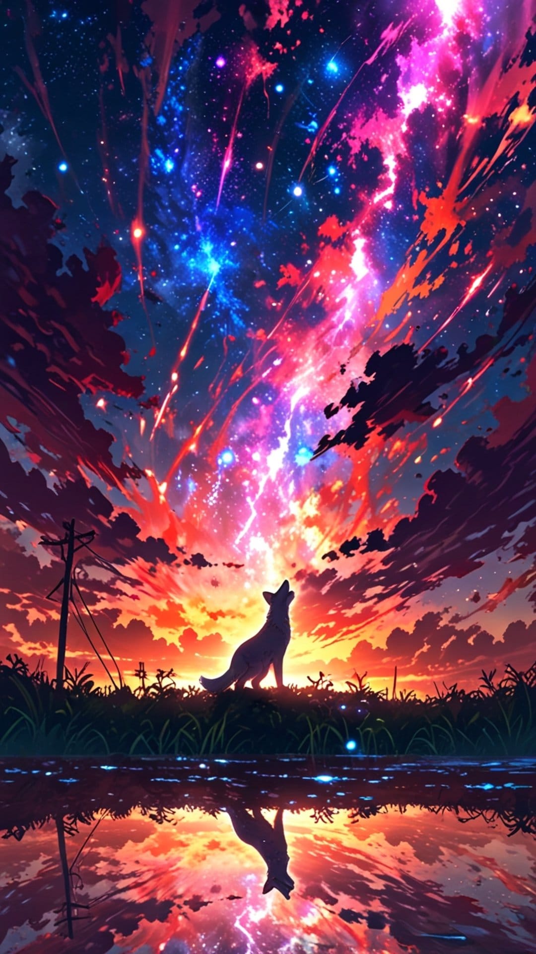 Wolf silhouette howls toward a colorful nebula reflected in still water under a starry night sky.