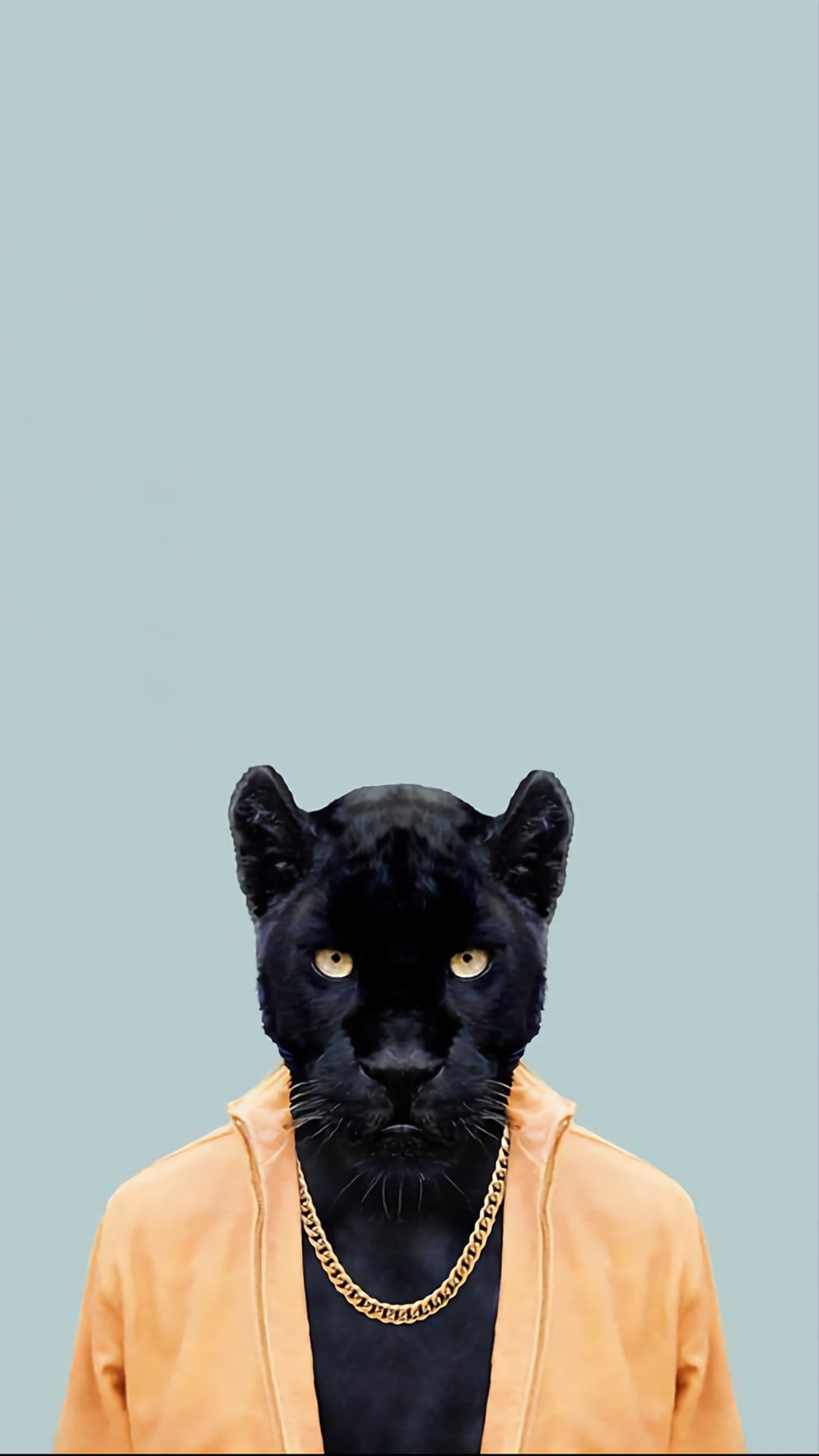 Black panther wearing a bright orange jacket and thick gold chain against a light blue background with yellow eyes.