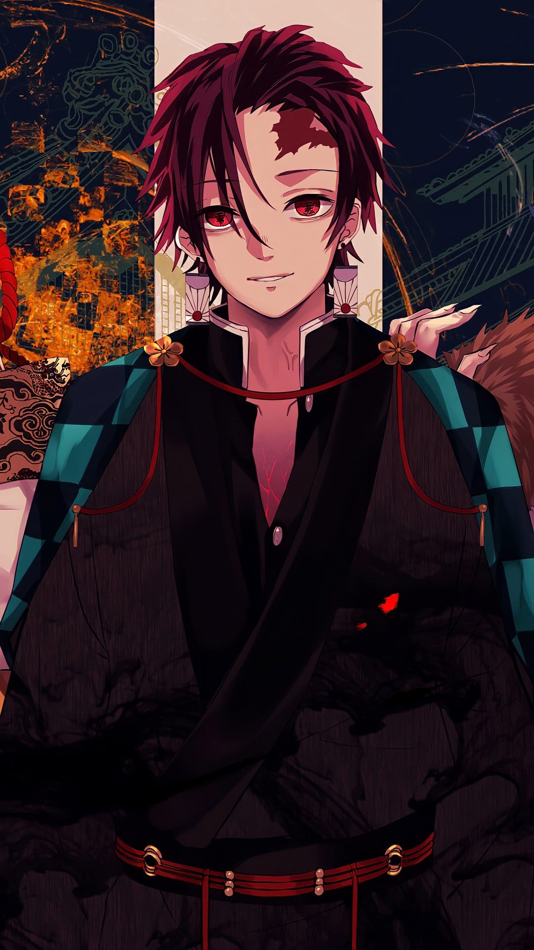 Tanjiro Kamado with glowing red eyes, a forehead scar, and a dark smoky aura wearing a teal checkered haori.
