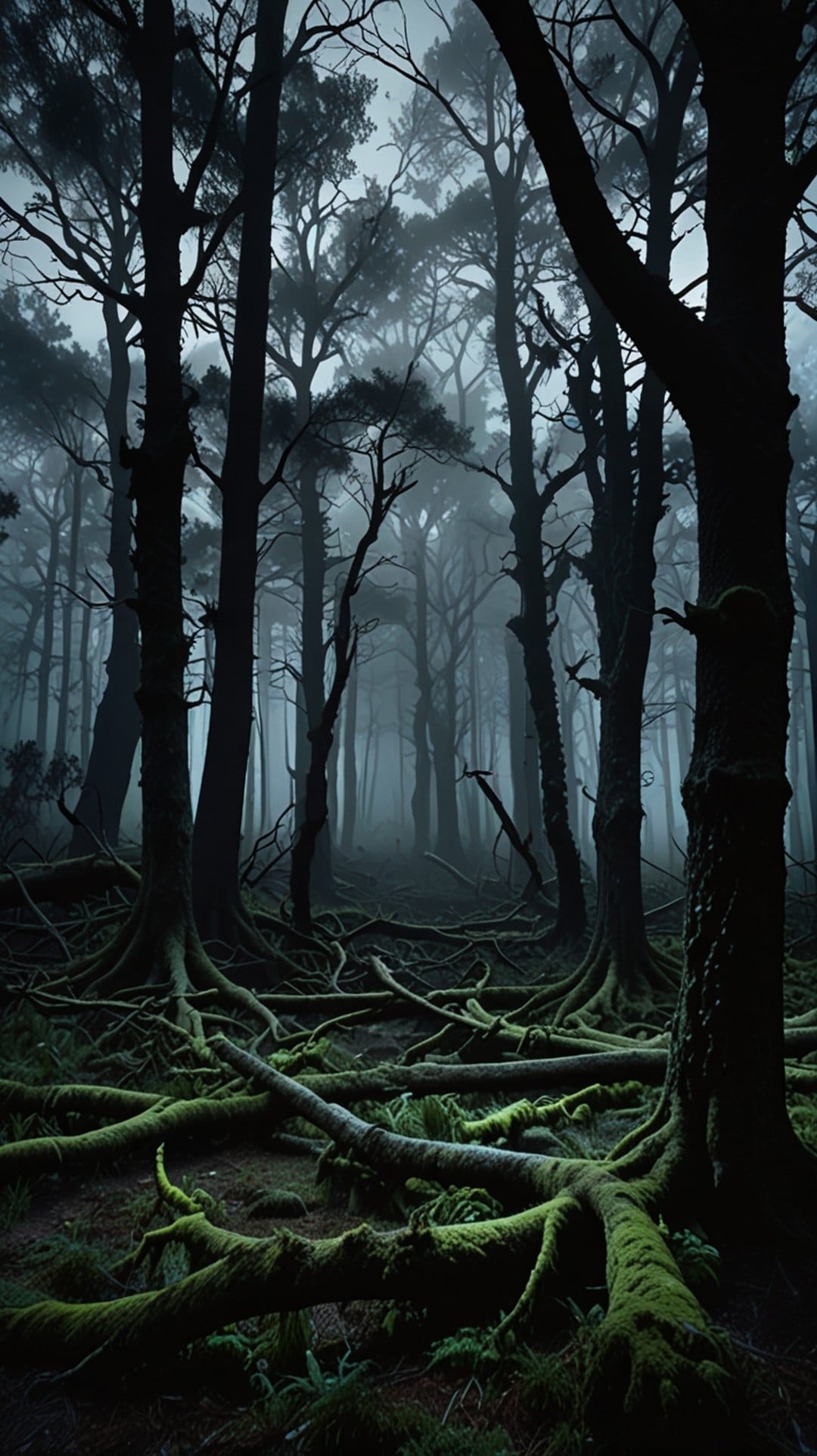 Moss-covered tree roots sprawl across a foggy forest floor between silhouetted vertical trunks in low light.