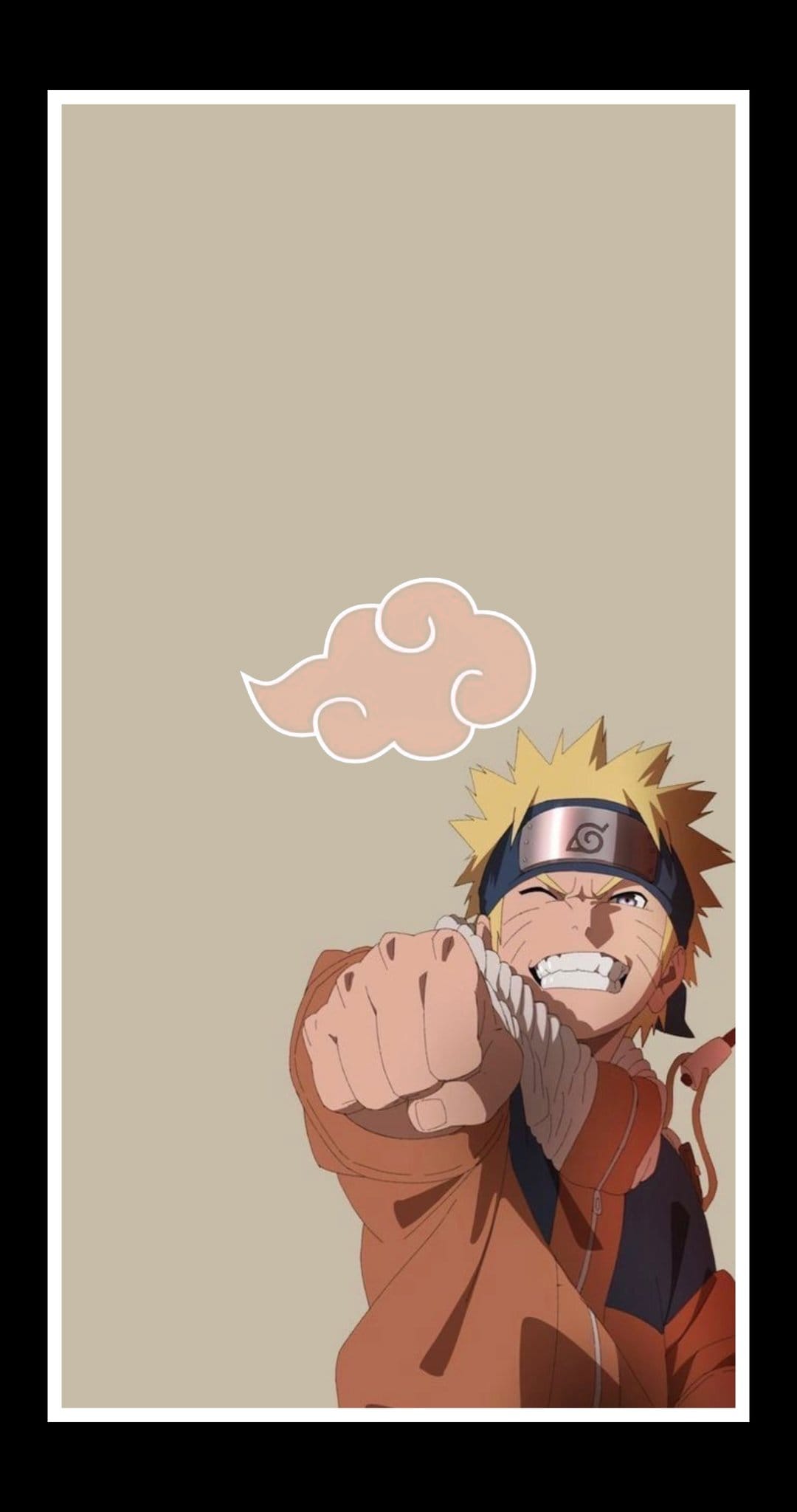Naruto Uzumaki punches toward the viewer wearing an orange jumpsuit and Hidden Leaf headband near a pink cloud.