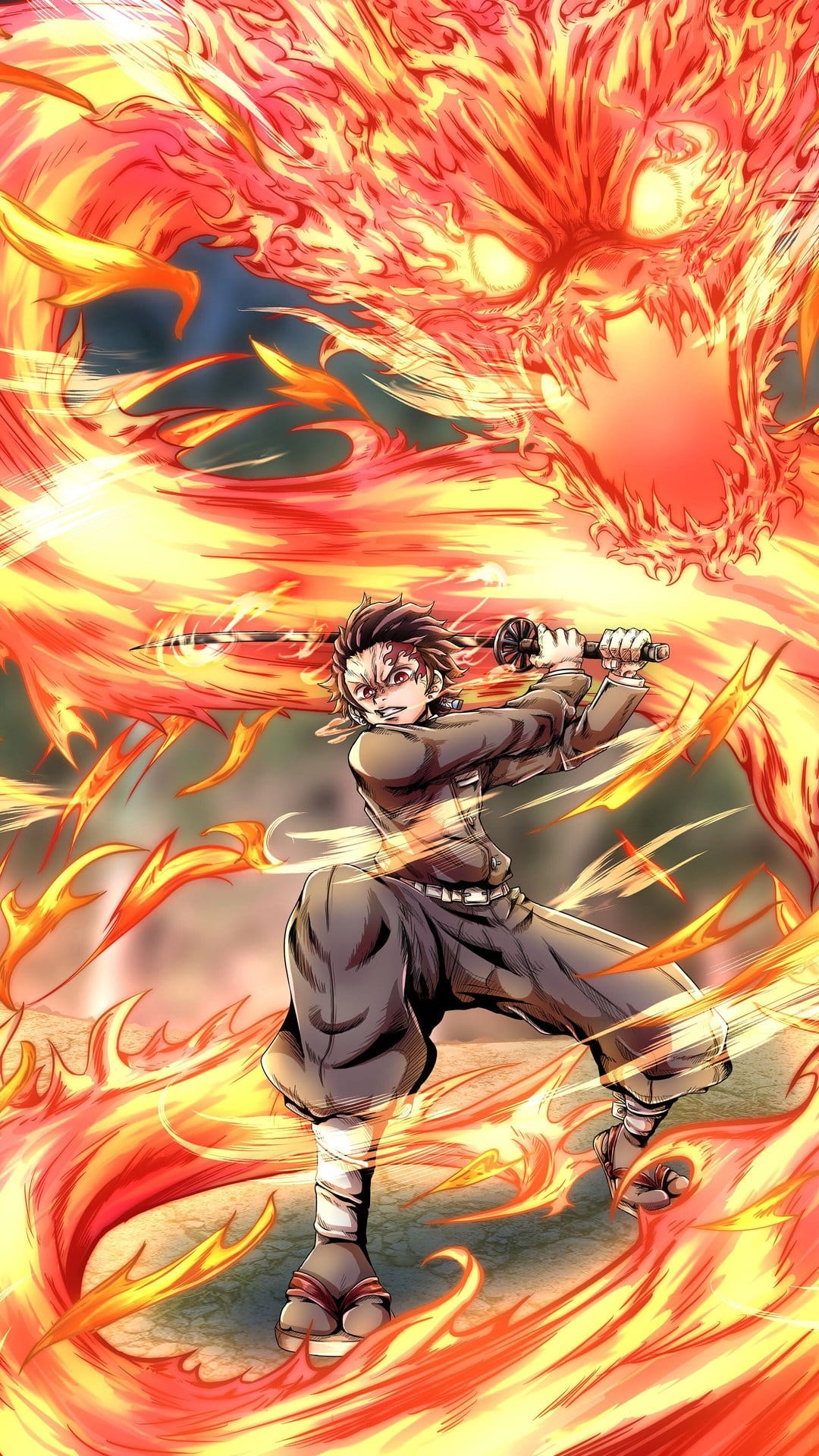 Tanjiro Kamado swings a flaming katana at a massive fire dragon amidst swirling sparks and explosive orange light.